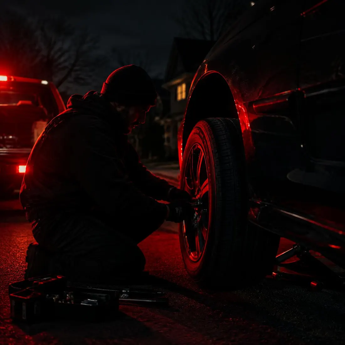 Technicien montant une roue sur une voiture de nuit